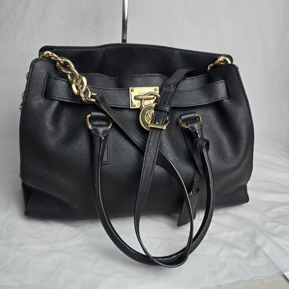 Michael Kors Hamilton Large East West Satchel Black Saffiano Leather Det Strap